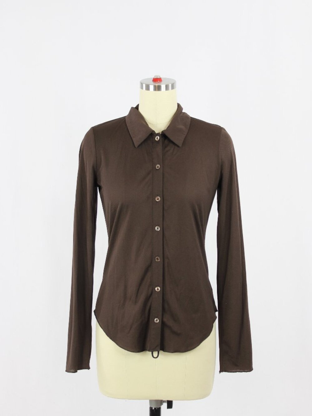 Aritzia WILFRED Pose Hip Brown Mesh Jersey Slim Fit Button Front Shirt, Size M